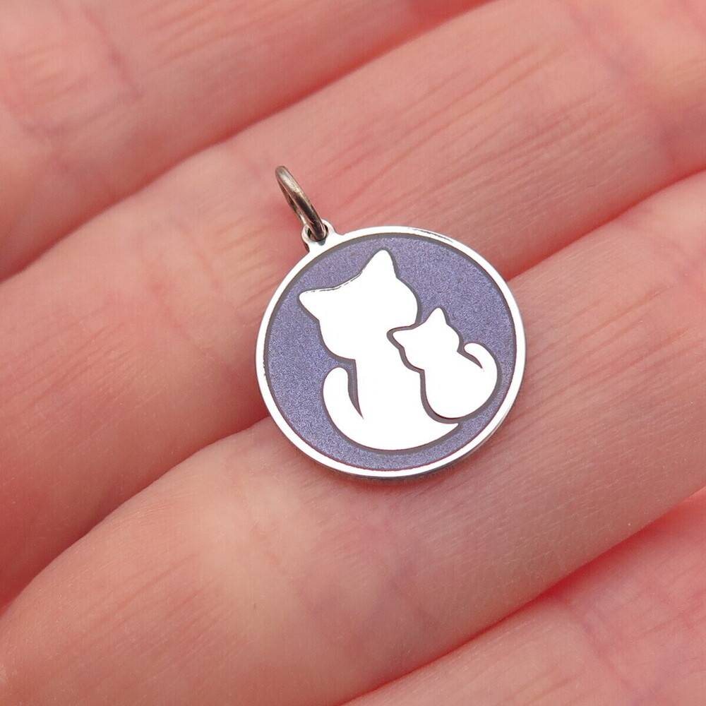 925 Sterling Silver Purple Enamel Mom & Child Cat Round Tag Mini Charm Pendant